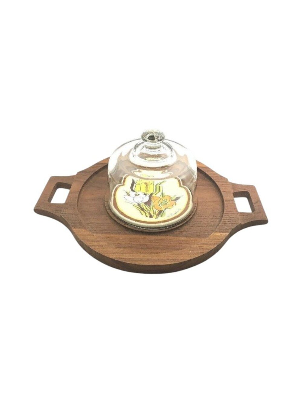 Vintage Goodwood Round Cheese Cracker Serving Tray Glass Dome Genuine Teak